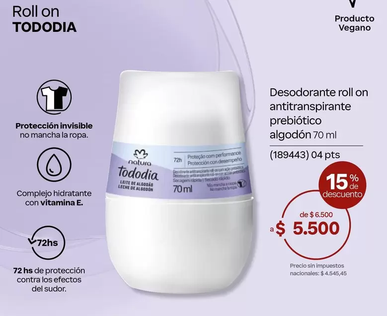 Natura - Desodorante roll on antitranspirante prebiótico algodón