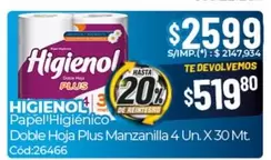 Higienol - Papel Higiénico Doble Hoja Plus Manzanilla 4 Un. X 30 Mt. Cód:26466