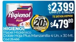 Higienol - Papel Higi00enico Doble Hoja Plus Manzanilla 4 Un. X 30 Mt. C0d:26466