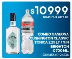 Cunnington - COMBO GASEOSA CUNNINGTON CLASSIC TONICA 2.25 LT / GIN BRIGHTON X 700 ML. Cód:45640-24836