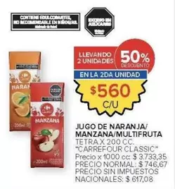 Carrefour - JUGO DE NARANJA/ MANZANA/ MULTIFRUTA TETRA X 200 CC