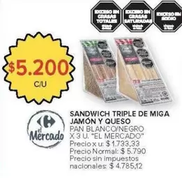 SANDWICH TRIPLE DE MIGA JAMÓN Y QUESO