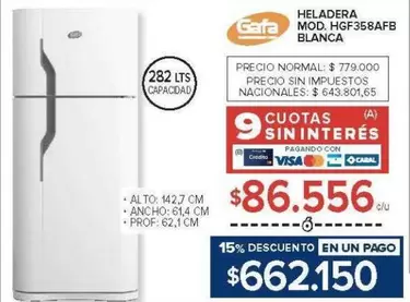 Gafa - HELADERA MOD. HGF358AFB BLANCA