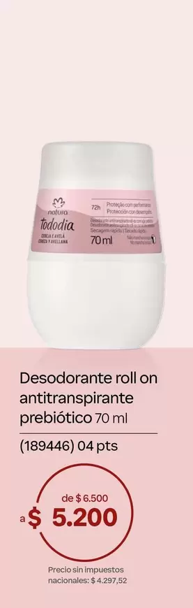 Natura - Desodorante roll on antitranspirante prebiótico 70 ml (189446)