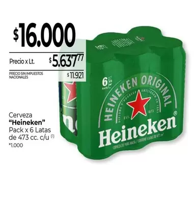 Heineken - Cerveza Pack x 6 Latas