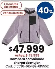 Campera combinada sherpa de mujer, Cod. 615536-615482-615552