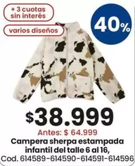 Campera sherpa estampada infantil del talle 6 al 16, Cod. 614589-614590-614591-614596
