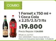 Coca cola - Fernet x 750 ml + Coca Cola x 2.25/2.5/3 lts