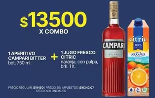 X$ - APERITIVO CAMPARI BITTER bot. 750 ml. + JUGO FRESCO CITRIC naranja, con pulpa, brk. 1 lt.