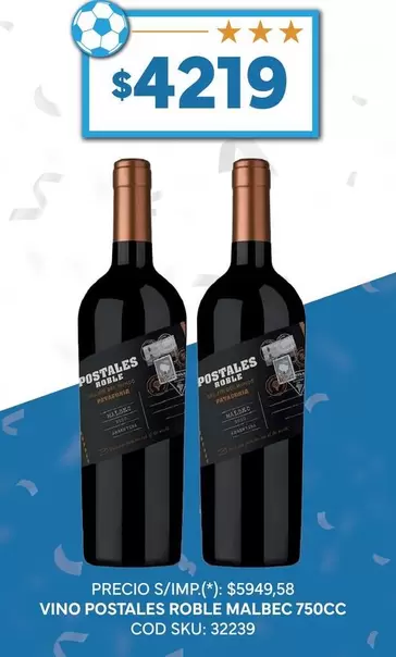 Postales - VINO POSTALES ROBLE MALBEC 750CC COD SKU: 32239