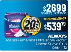 Always - Toallas Femeninas Xtra Triple Protec Noche Suave 8 un Cód:41432