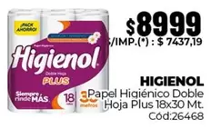 Higienol - Papel Higiénico Doble Hoja Plus 18x30 Mt. Cód:26468