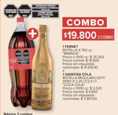 Coca cola - FERNET BOTELLA X 750 CC. "BRANCA" + GASEOSA COLA REGULAR/LIGHT/ZERO X 2.25 LT/2.5 LT. "COCA COLA"