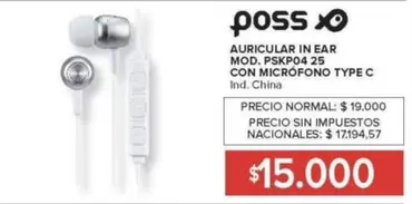 Poss - AURICULAR IN EAR MOD. PSKP04 25 CON MICRÓFONO TYPE C