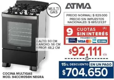 Atma - COCINA MULTIGAS MOD. 94CCM056N NEGRA