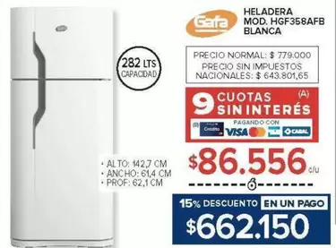 Gafa - HELADERA MOD. HGF358AFB BLANCA