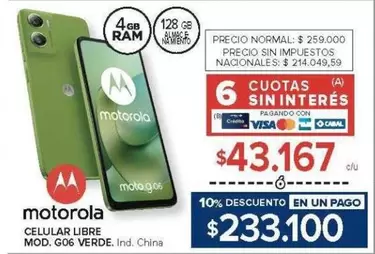 Motorola - CELULAR LIBRE MOD. G06 VERDE