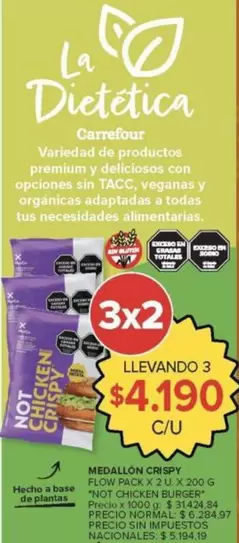 Carrefour - MEDALLON CRISPY FLOW PACK X 2 U. X 200 G "NOT CHICKEN BURGER"
