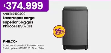 Philco - Lavarropas carga superior 5 kg gris PHLS67GN