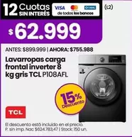 TCL - Lavarropas carga frontal inverter 8 kg gris P108AFL