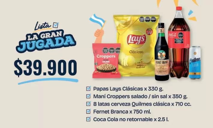 Coca cola - Papas Lays Clásicas, Mani Croppers salado, Cerveza Quilmes clásica, Fernet Branca, Coca Cola