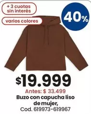 Buzo con capucha liso de mujer, Cod. 619973-619967