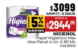 Higienol - Papel Higi0999nico Max Aloe Panal 4 Un. X 80 Mt.