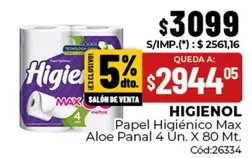 Higienol - Papel Higi9enico Max Aloe Panal 4 Un. X 80 Mt.