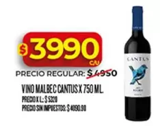 Malbec - VINO MALBEC CANTUS X 750 ML