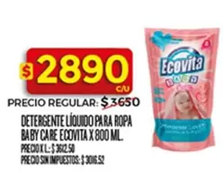Ecovita - DETERGENTE LIQUIDO PARA ROPA BABY CARE ECOVITA X 800 ML