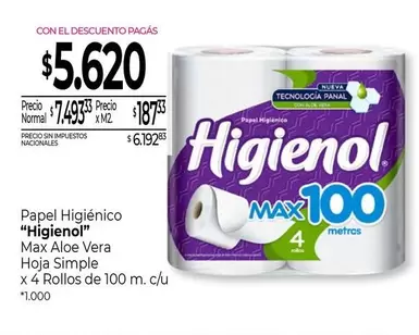 Higienol - Papel Higiénico Max Aloe Vera Hoja Simple