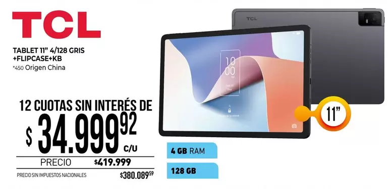 TCL - TABLET 11" 4/128 GRIS FLIPCASE+KB
