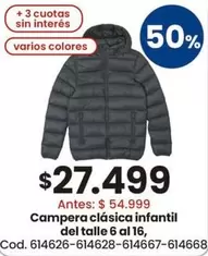 Campera clásica infantil del talle 6 al 16, Cod. 614626-614628-614667-614668