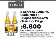 Corona - 2 Cerveza Rubia 710cc + 1 Papas fritas clásicas 134 gr