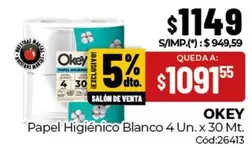 Okey - Papel Higiénico Blanco 4 Un. x 30 Mt. Cód:26413