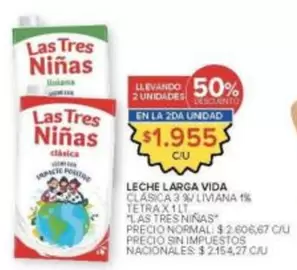 Las Tres Niñas - LECHE LARGA VIDA CLÁSICA 3 % / LIVIANA 1 % TETRA X 1LT