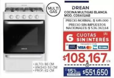 Drean - COCINA MULTIGAS BLANCA MOD. CD5602AB