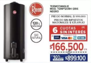Rheem - TERMOTANQUE MOD. TGNIP120RH GRIS NEGRO