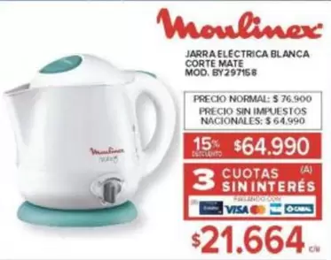 Moulinex - JARRA ELECTRICA BLANCA CORTE MATE MOD. BY297158