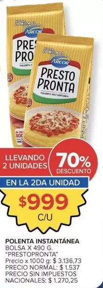 Arcor - POLENTA INSTANTÁNEA BOLSA X 490 G. "PRESTOPRONTA"