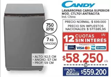 Candy - LAVARROPAS CARGA SUPERIOR MOD. CTL7G1 ANTRACITA