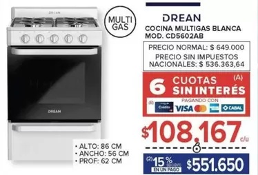 Drean - COCINA MULTIGAS BLANCA MOD. CD5602AB