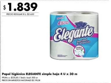 Elegante - Papel higiénico simple hoja