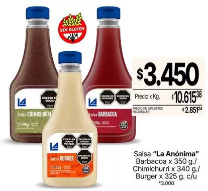 La Anónima - Salsa "" Barbacoa x 350 g./ Chimichurri x 340 g./ Burger x 325 g. c/u