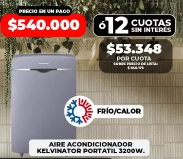 Kelvinator - AIRE ACONDICIONADOR PORTATIL 3200W