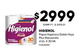 Higienol - Papel Higi0990enico Doble Hoja Plus Manzanilla 4 Un. X 30 Mt.