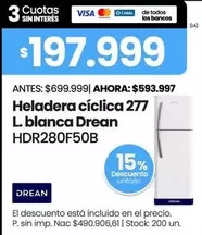 Drean - Heladera cíclica 277 L. blanca HDR280F50B