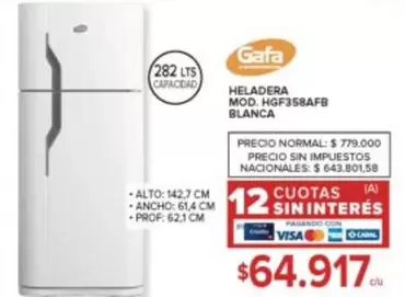 Gafa - HELADERA MOD. HGF358AFB BLANCA