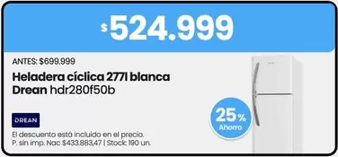 Drean - Heladera ciclica 277l blanca hdr280f50b