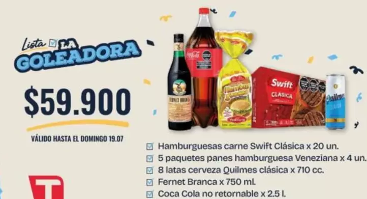 Coca cola - Hamburguesas carne Swift Clásica x 20 un. + 5 paquetes panes hamburguesa Veneziana x 4 un. + 8 latas cerveza Quilmes clásica x 710 cc. + Fernet Branca x 750 ml. + Coca Cola no retornable x 2.5 L.